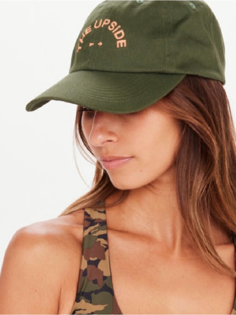 The Upside Olive Green Logo Baseball Cap with Peach Accent